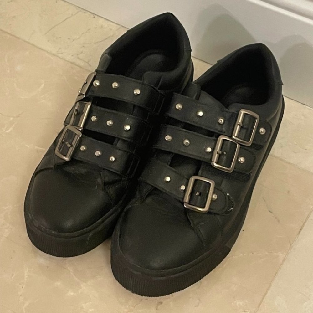 Black Leather Sneakers with Buckles